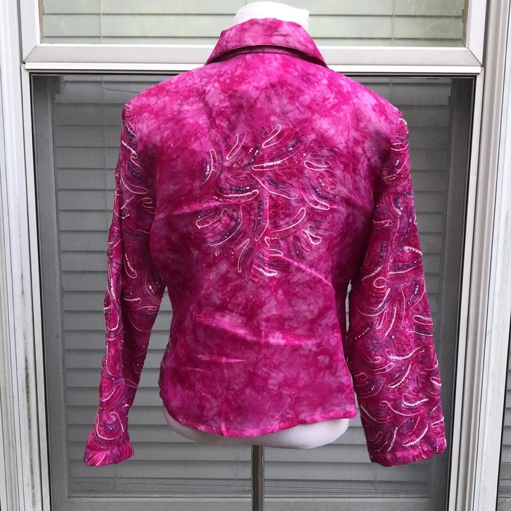 Anage Pink 100% Silk Embroidered Jacket size Small Pink Power BC Awareness